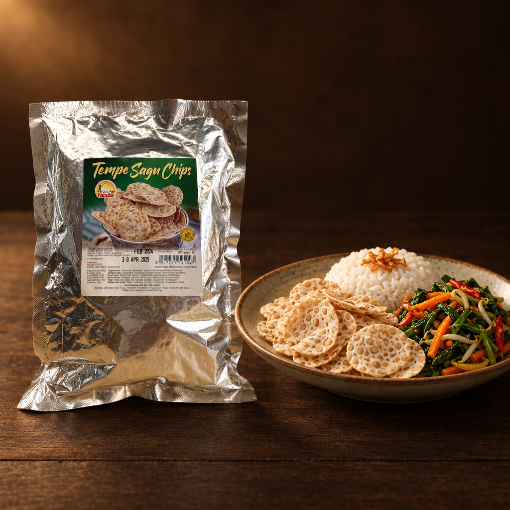 Tempe Sagu Chips 80 g – Packung mit Reisgericht und Chips