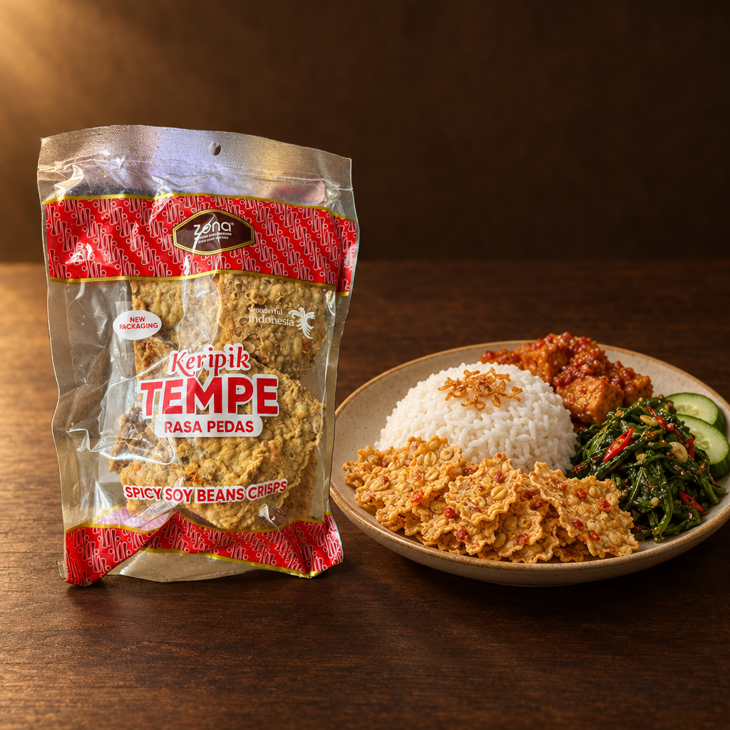 Keripik Tempe Rasa Pedas 100 g – Packung mit Reisteller und Chips