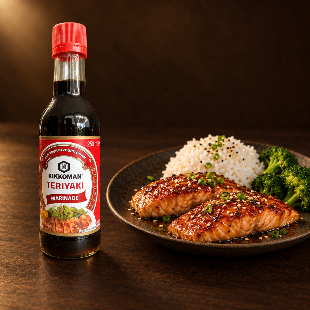Kikkoman Teriyaki Marinade 500 ml – Flasche mit Teriyaki-Lachs