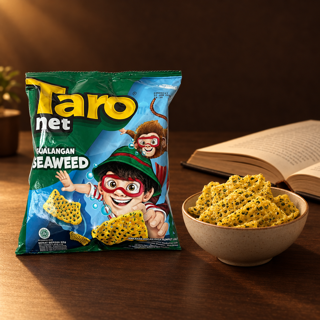 Taro Net Rasa Rumput Laut 52 g – Packung mit Snackschale am Schreibtisch