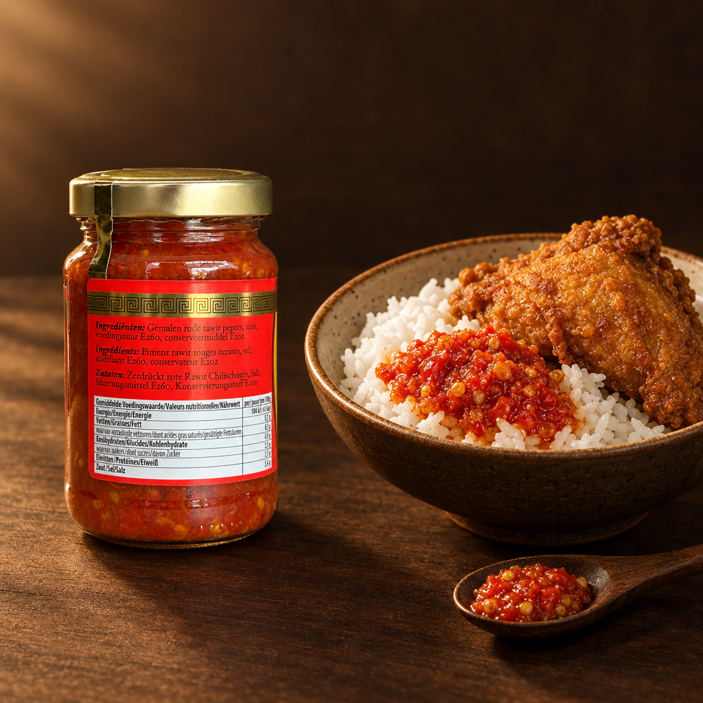 Sambal Rawit Merah Flower Brand 375 g – Glas mit Reis und Hähnchen