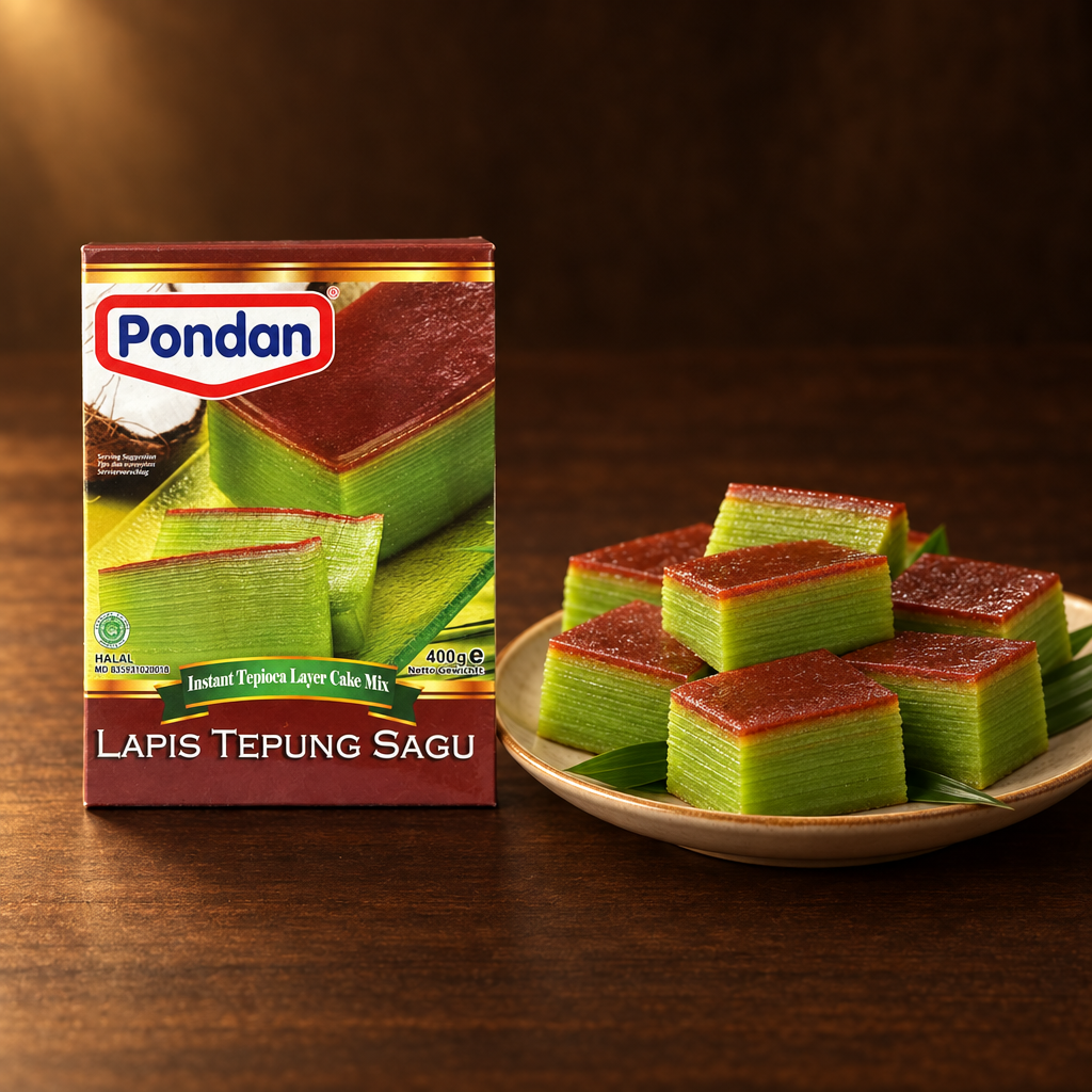 Pondan Lapis Tepung Sagu Backmischung 400 g – Packung mit bunten Kue-Lapis-Stücken
