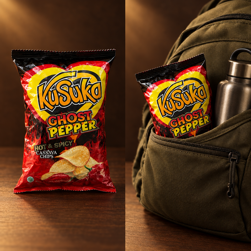 Kusuka Keripik Singkong Cabe Setan 55 g – Packung als Snack für unterwegs