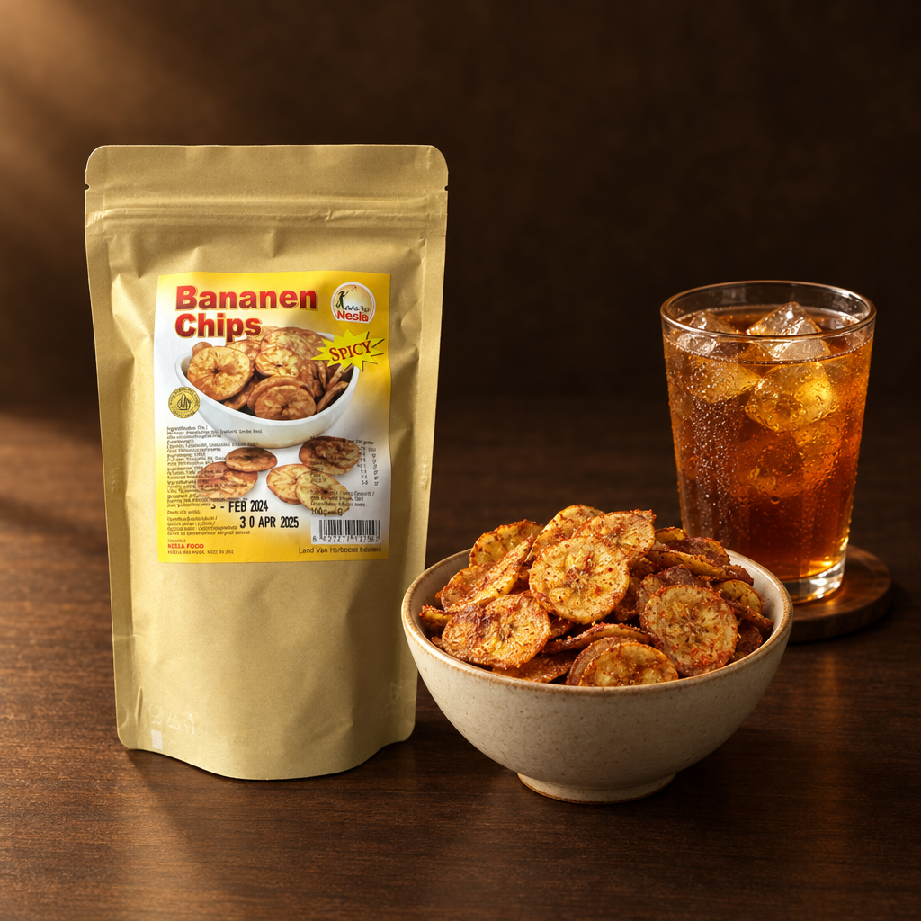 Keripik Pisang Pedas 200 g – Packung mit Snackschale und Eistee