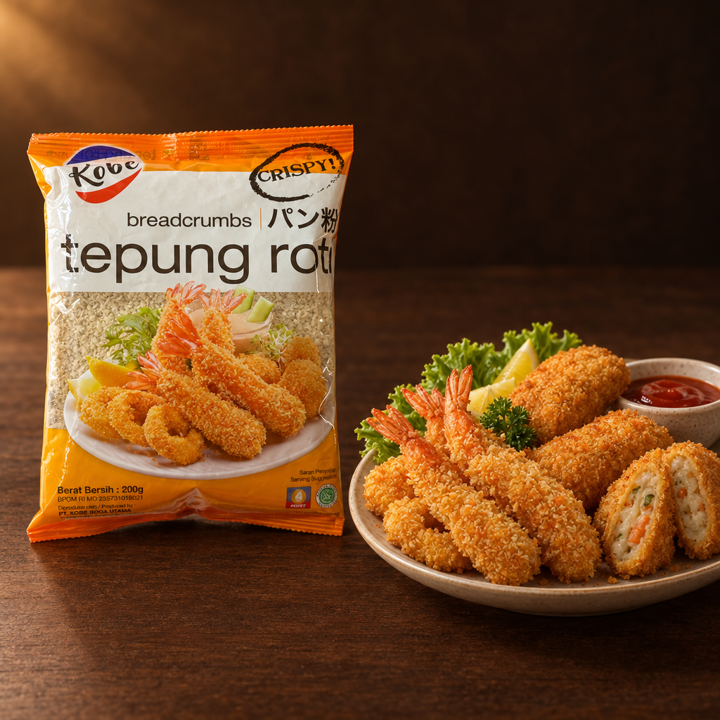Kobe Tepung Roti 215 g – Packung mit panierten Garnelen und Risoles