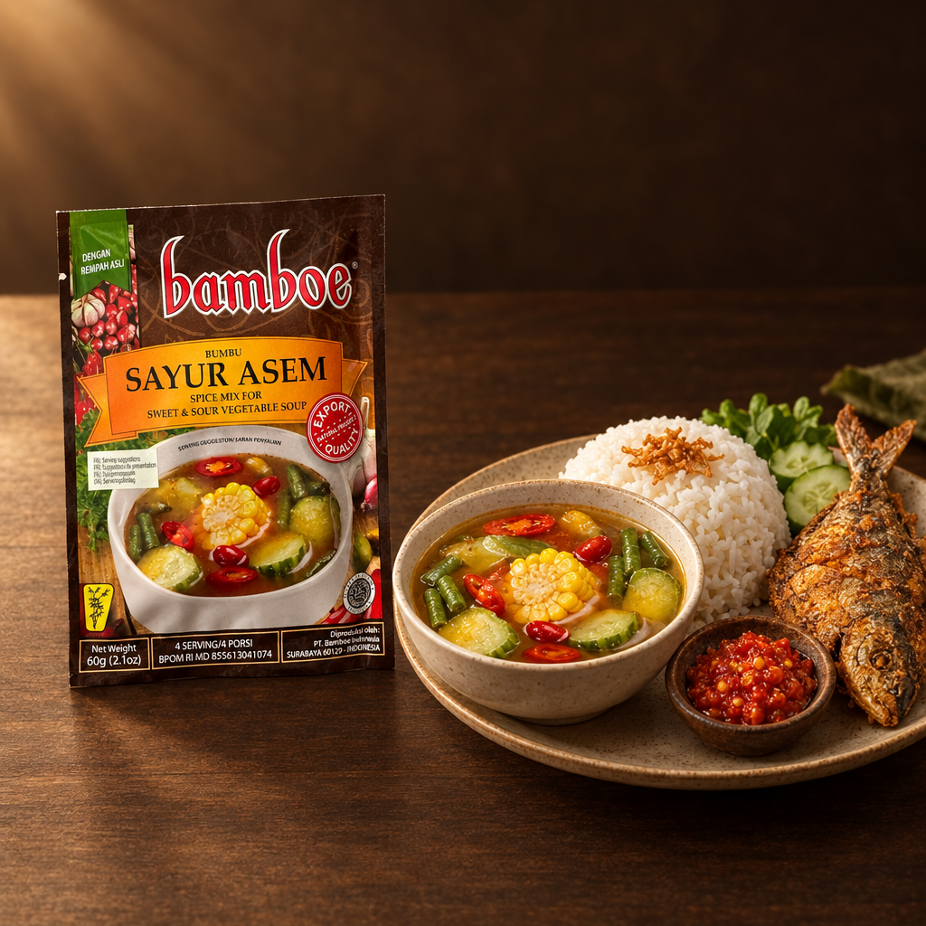 Bamboe Bumbu Sayur Asam 60 g – Packung mit komplettem Reisteller