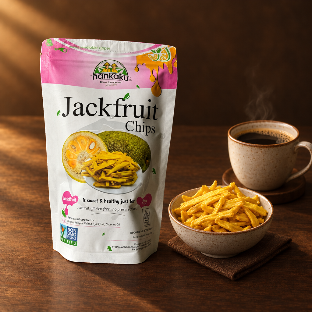 Keripik Nangka Nankaku 100 g – Packung mit Schälchen und Kaffee