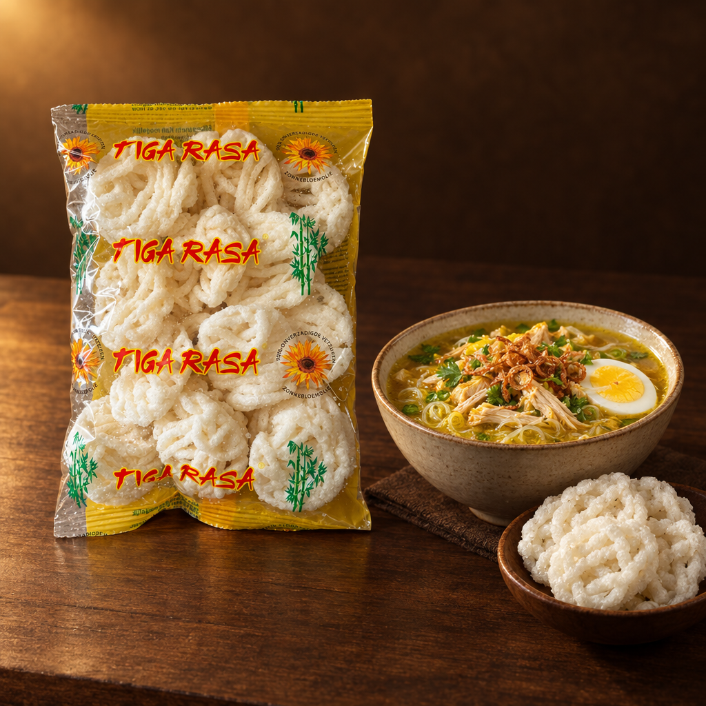 Kerupuk Palembang Mini 200 g – Packung mit Soto-Suppe und Crackern