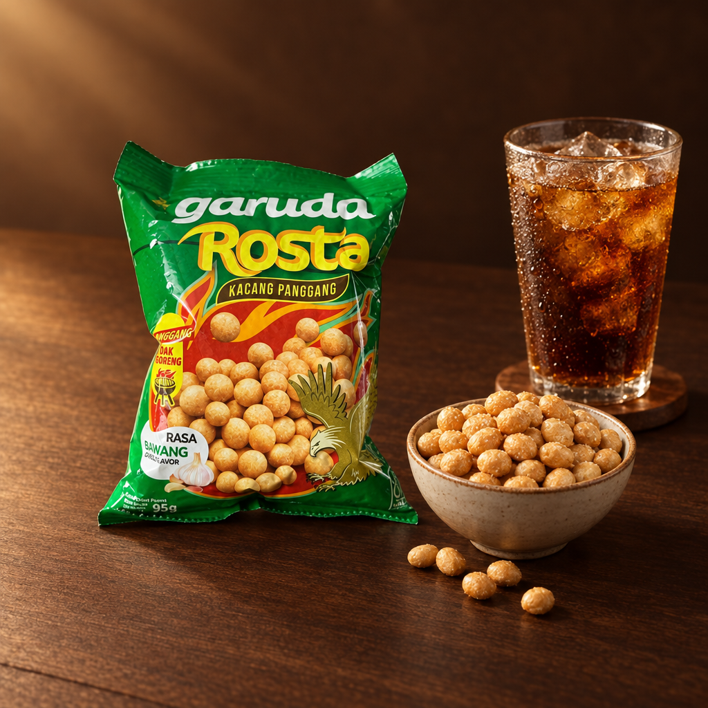 Garuda Rosta Kacang Panggang Rasa Bawang 95 g – Packung mit Schälchen und Getränk
