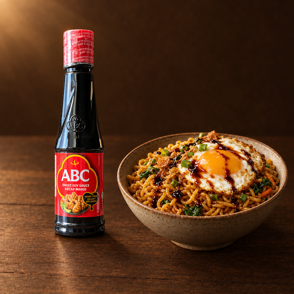 ABC Kecap Manis 135 ml – Flasche mit Bratnudeln und Spiegelei