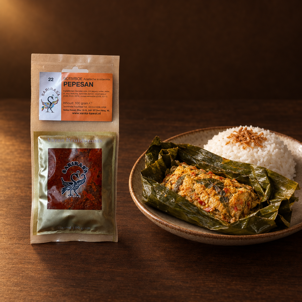 Sari Rasa Bumbu Pepesan – Packung mit geöffnetem Pepes und Reis