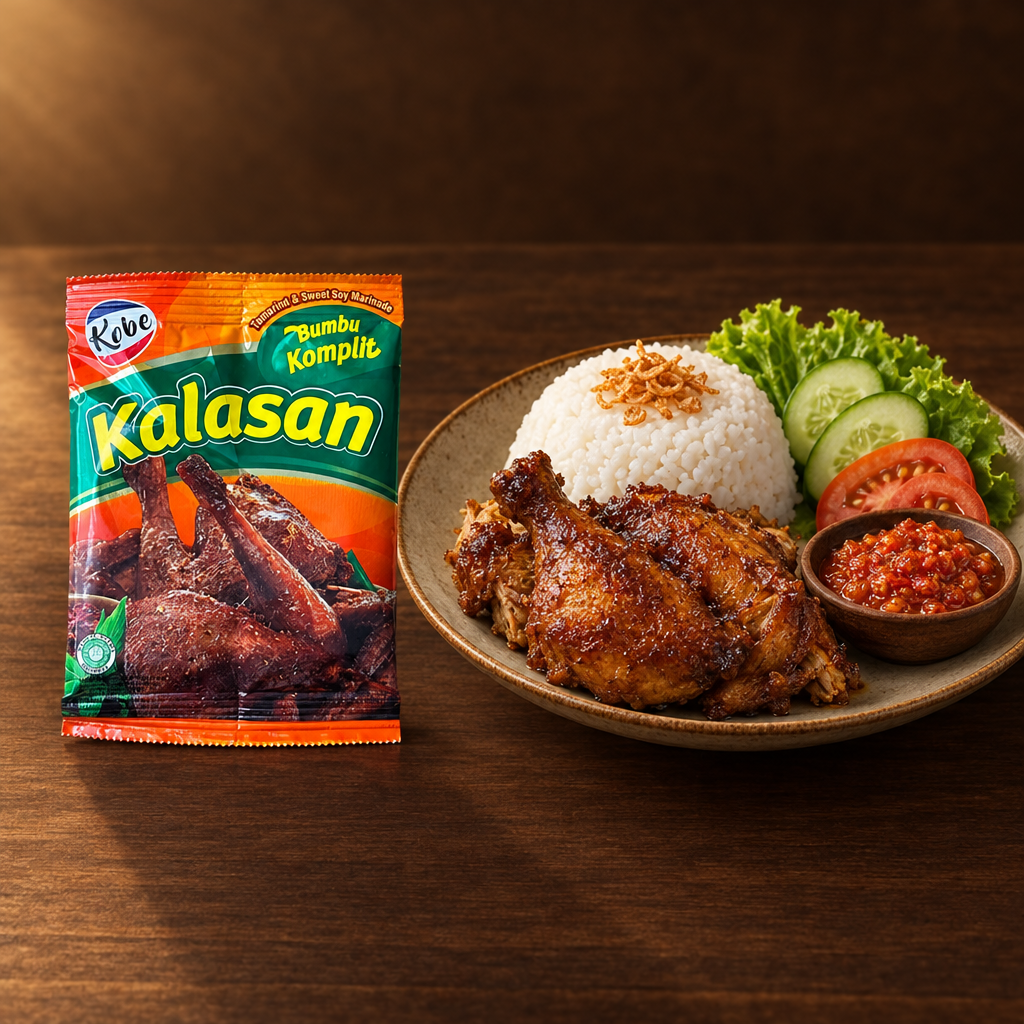 Kobe Bumbu Ayam Kalasan 40 g – Packung mit komplettem Reisteller