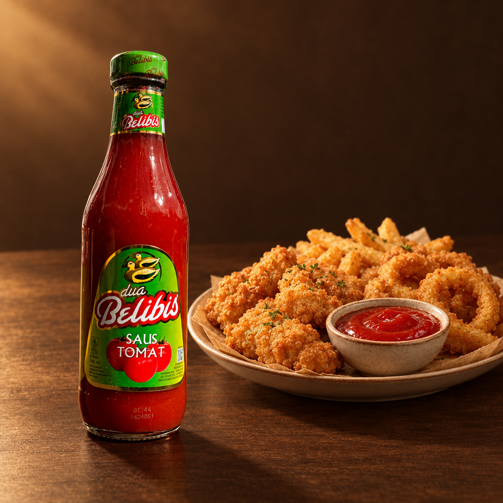 Dua Belibis Saus Tomat 340 ml – Flasche mit frittierten Snacks und Dip