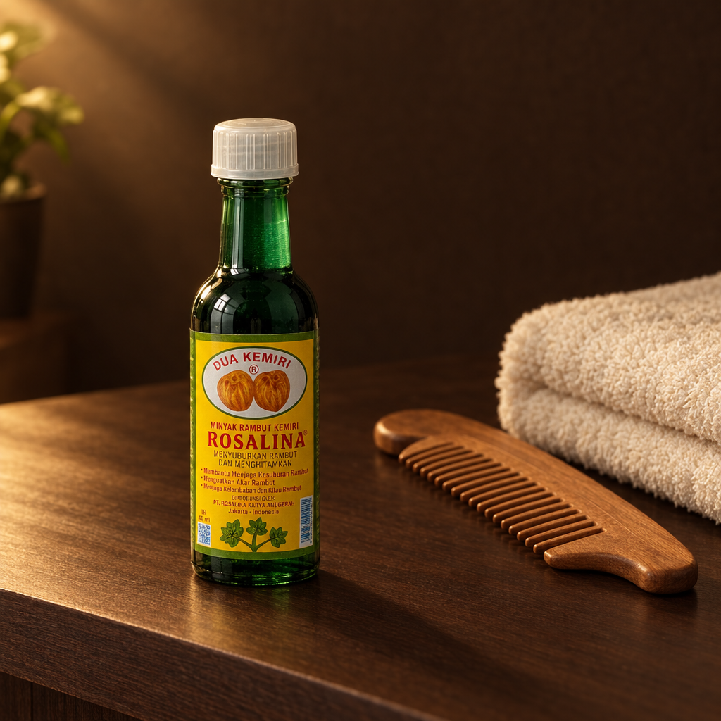 Rosalina Minyak Rambut Kemiri 40 ml – Flasche im Badezimmer