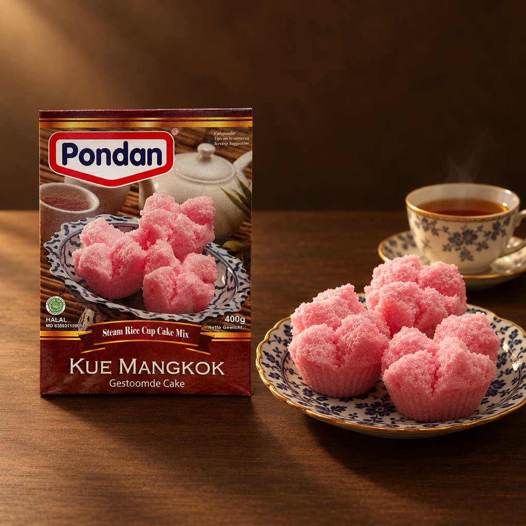 Pondan Kue Mangkok Backmischung 400 g – Packung mit festlichem Teller und Tee