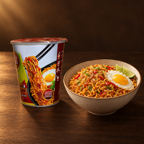 ABC Instant Cup Mie Goreng Ayam Pedas Limau 80 g – Becher mit Nudeln in der Schüssel