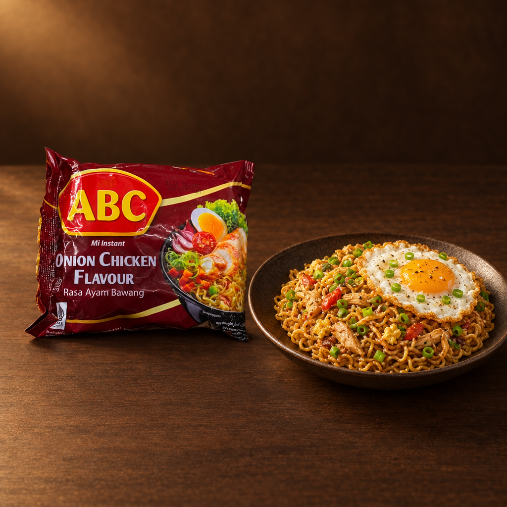 Mi ABC Instant Kuah Ayam Bawang 65 g – Packung mit gebratenen Nudeln und Spiegelei