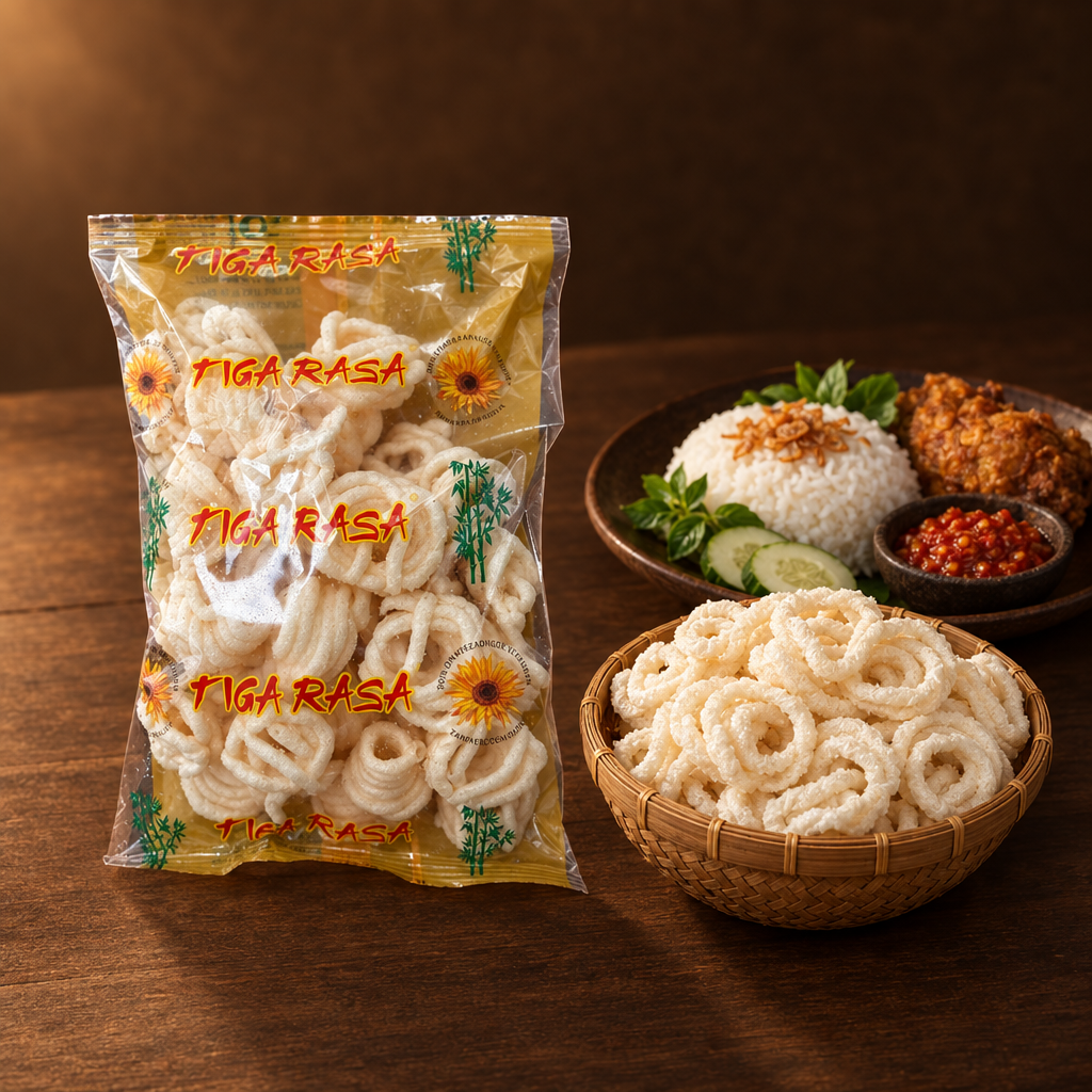 Tiga Rasa Kerupuk Keong Bawang 200 g – Packung mit Krupuk und Reisgericht