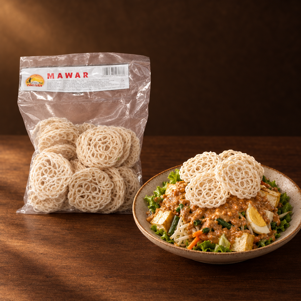 Kerupuk Bawang Mawar White 200 g – Packung mit Gado-Gado und Krupuk