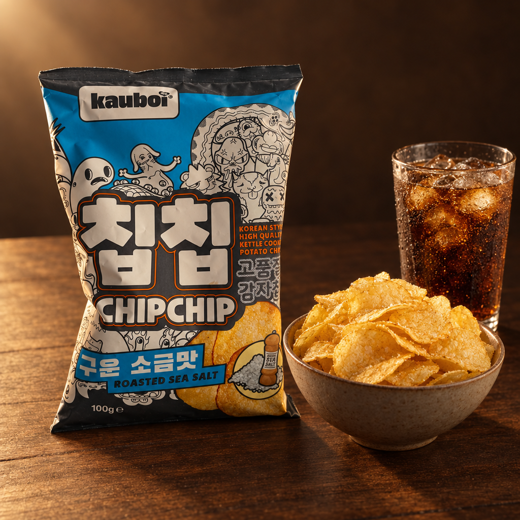 Kauboi Chip Chip Roasted Sea Salt 85 g – Tüte mit Kartoffelchips in Schale