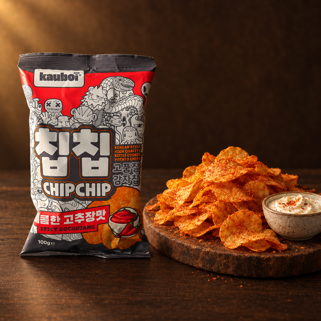 Kauboi Chip Chip Spicy Gochujang 85 g – Tüte mit Chips auf Holzbrett und Dip