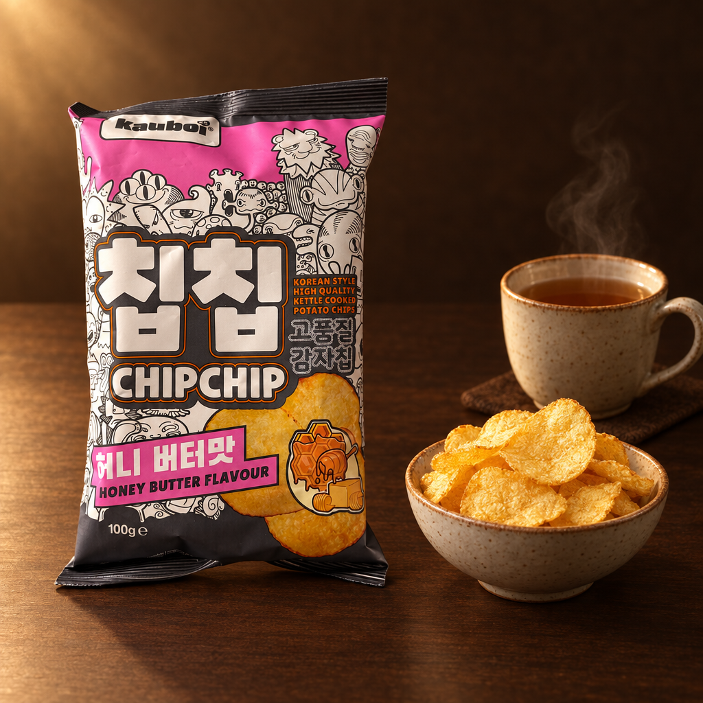 Kauboi Chip Chip Honey Butter 85 g – Tüte mit Chips in Schale und Tee
