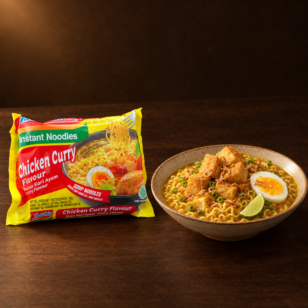 Indomie Kari Ayam 5 x 85 g – Packung mit Currynudeln, Tofu und Ei