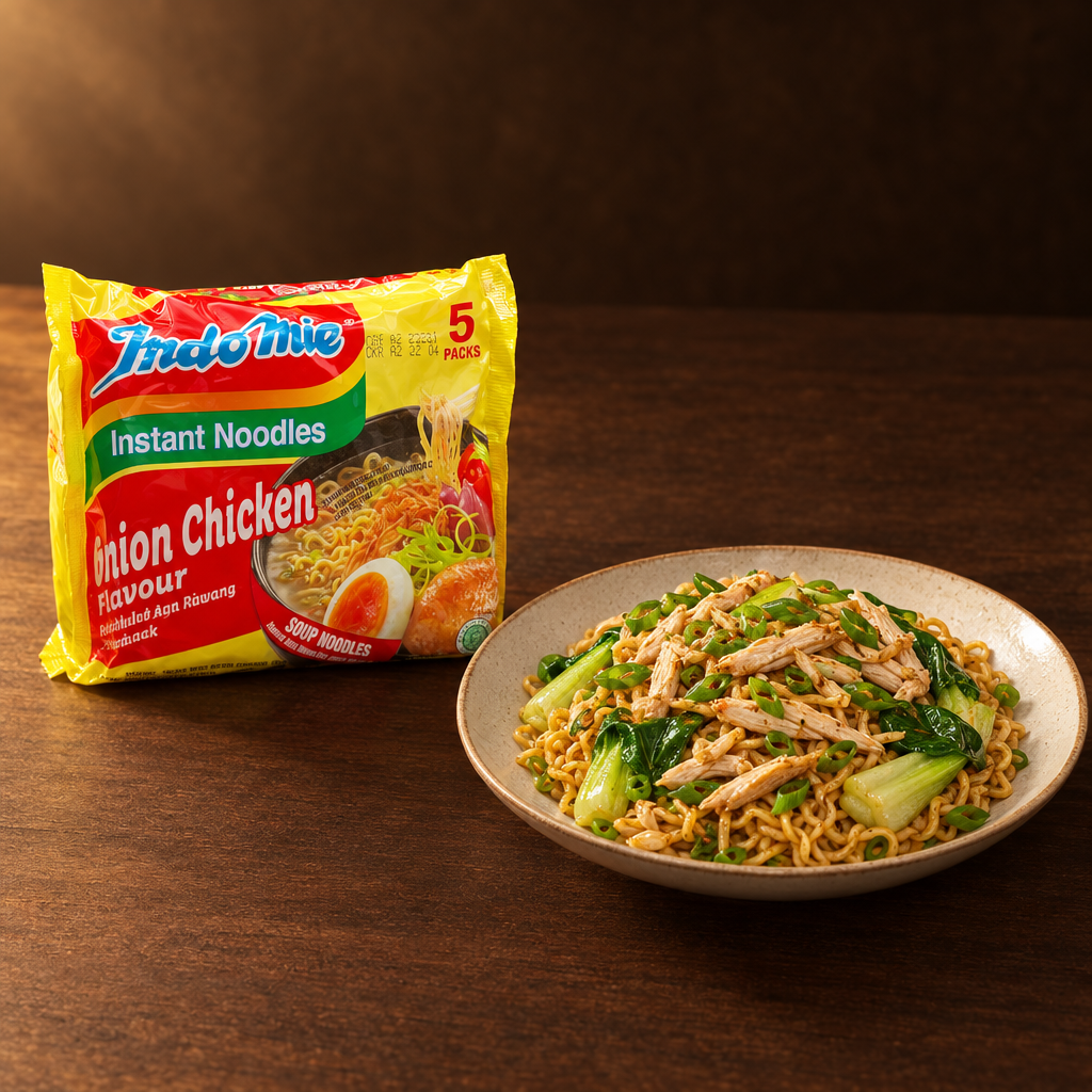 Indomie Rasa Ayam Bawang 5 x 85 g – Packung mit gebratenen Nudeln und Pak Choi
