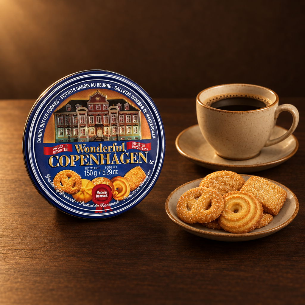 Butter Cookies Won Copenhagen 150 g – Dose mit Keksen und Kaffee