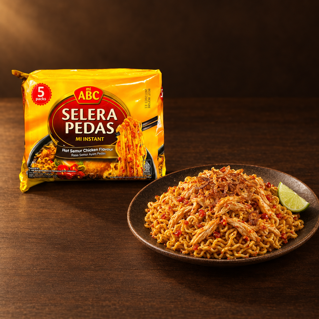 Mi ABC Instant Rasa Semur Ayam Pedas 5er Pack – Packung mit trockenen Nudeln und Hähnchen