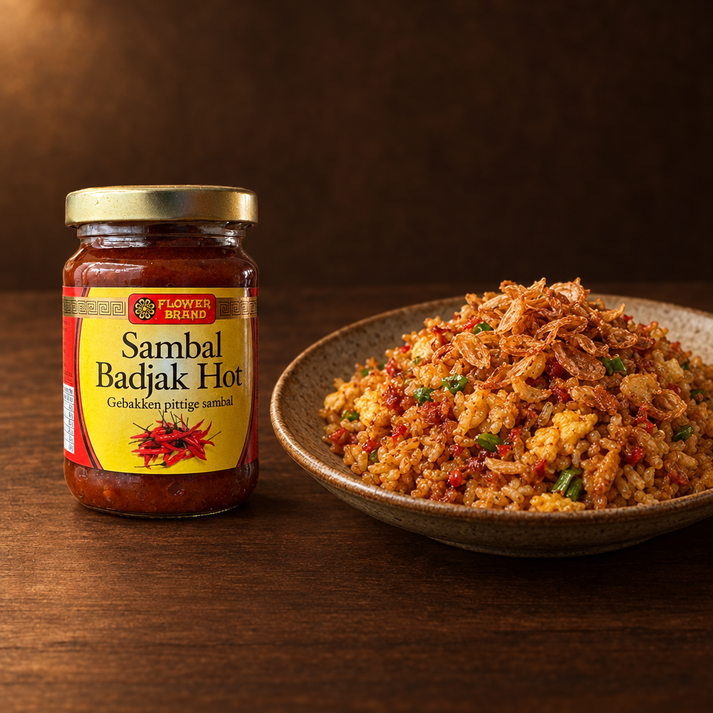Flower Brand Sambal Badjak Pedas 200 g – Glas mit Nasi Goreng