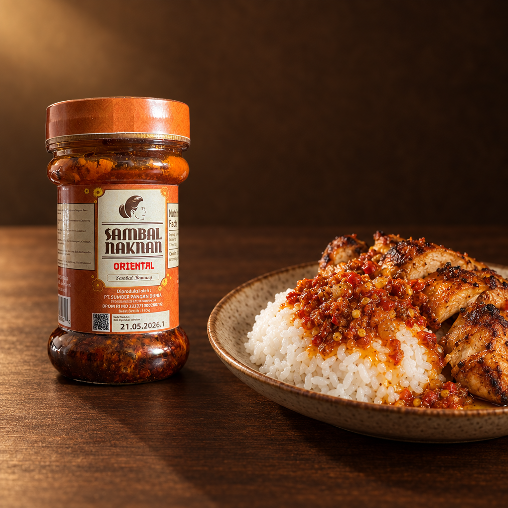 Sambal NAKNAN Oriental Sambal Bawang – Glas mit Reis und gegrilltem Hähnchen