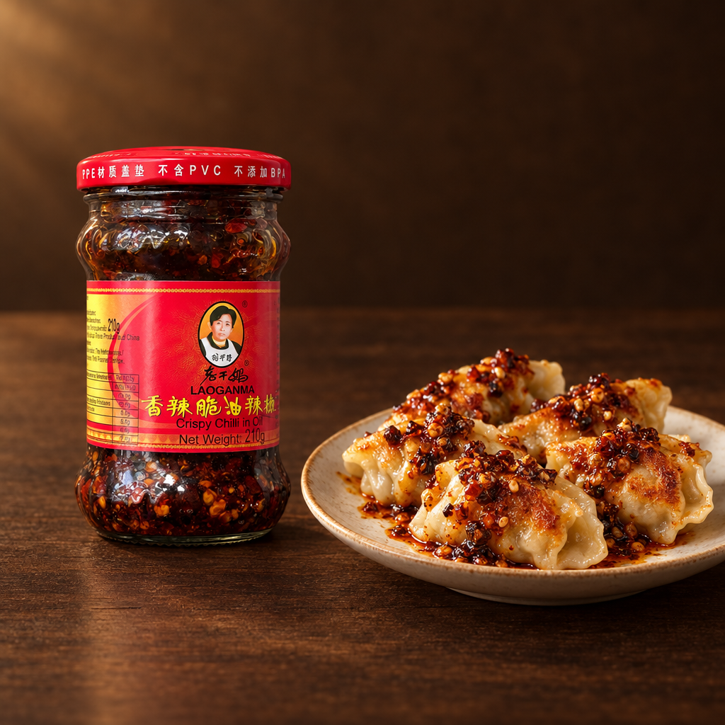Laoganma Crispy Chilli in Oil 210 g – Glas mit gebratenen Dumplings