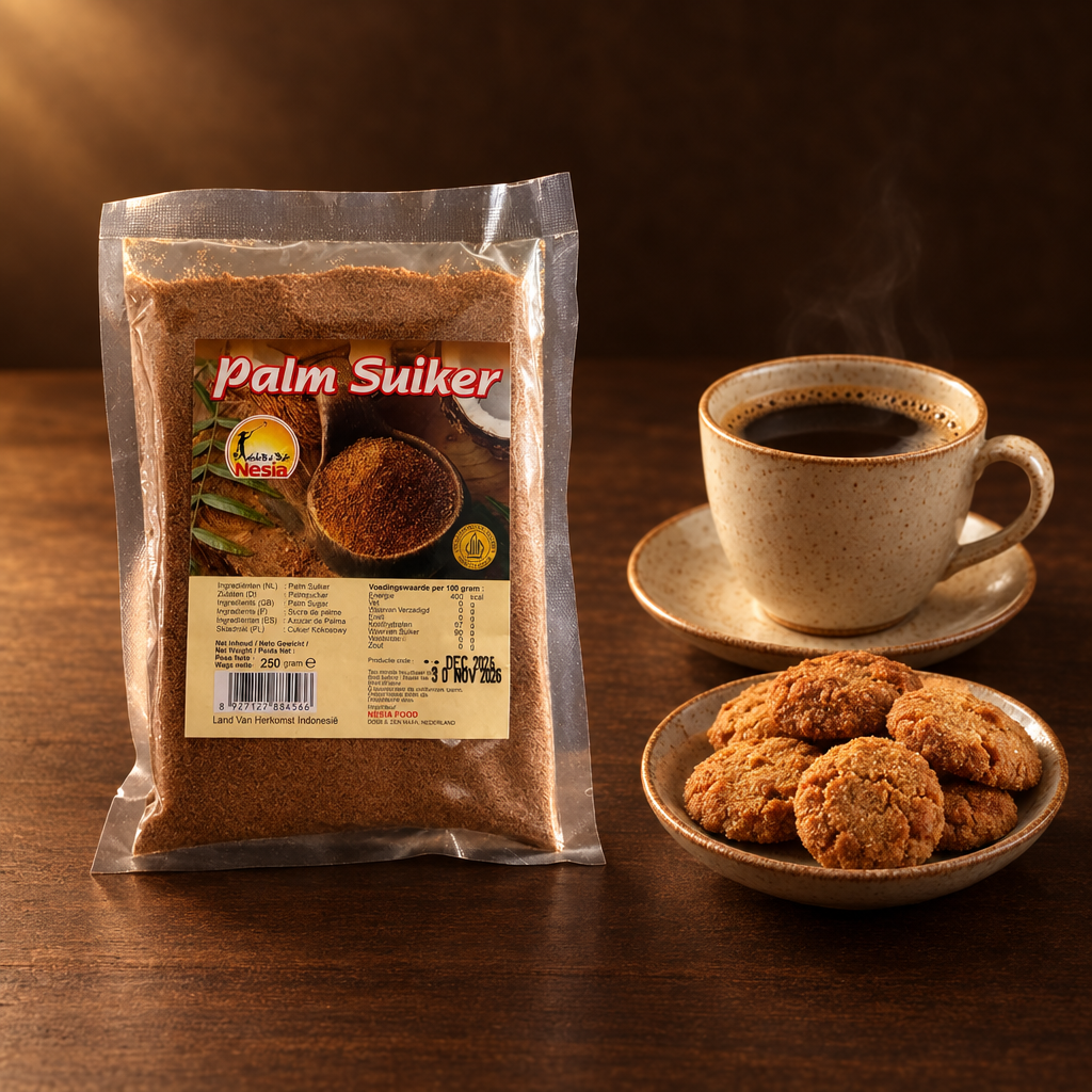 Gula Palem Bubuk 250 g – Packung mit Kaffee und Palmzucker-Keksen