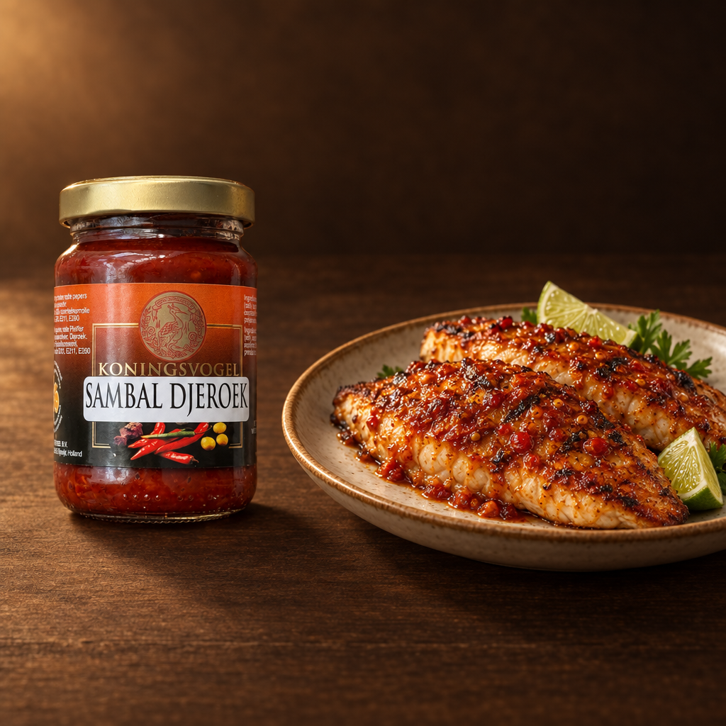 Koningsvogel Sambal Jeruk 130 g – Glas mit gegrilltem Fisch