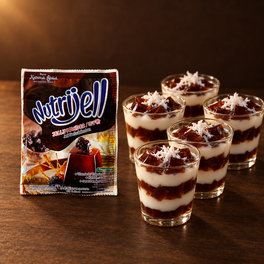 Nutrijell Jelly Powder Rasa Kurma 15 g – Packung mit Gelee-Döppchen und Kokosmilch