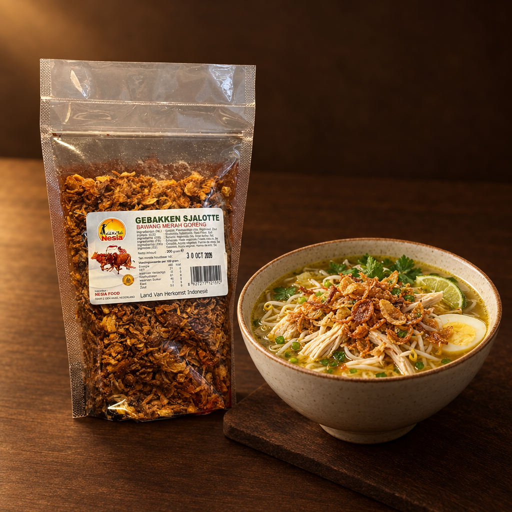 Bawang Merah Goreng – Packung mit Soto-Suppe und Röstzwiebeln