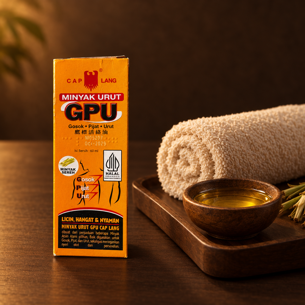 Cap Lang Minyak Urut GPU 60 ml – Flasche mit Tuch für Bein- und Fußmassage