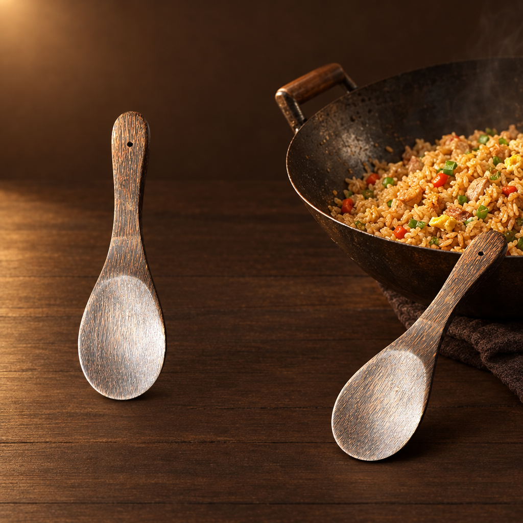Centong Nasi Kayu – Holzlöffel am Wok mit Nasi Goreng