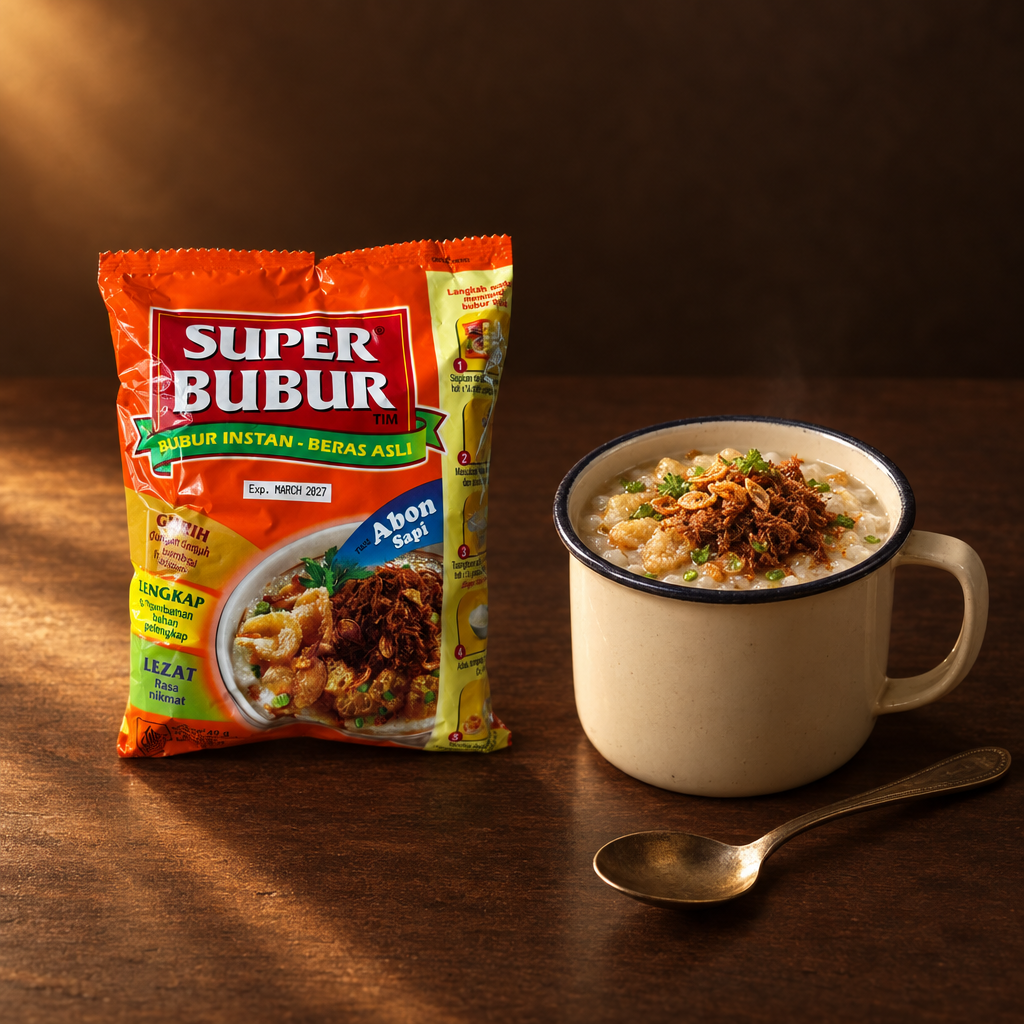 Super Bubur Rasa Abon Sapi 49 g – Packung mit Reisbrei im Becher unterwegs
