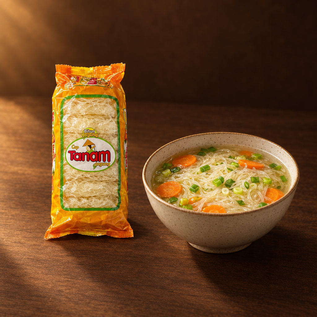 Bihun Jagung Cap Tanam – Packung mit Maisnudeln in Gemüsesuppe