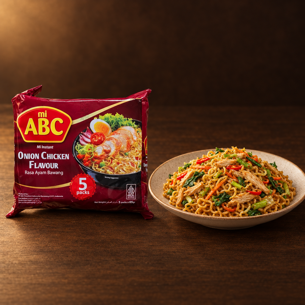 Mi ABC Instant Kuah Rasa Ayam Bawang 5er Pack – Packung mit gebratenen Nudeln