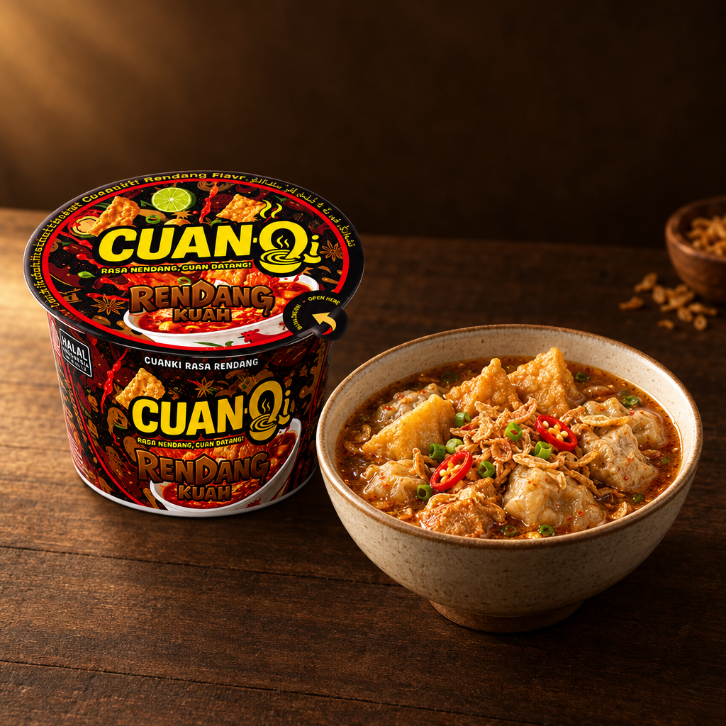 CuanQ Cuanki Instant Rasa Rendang Kuah 100 g – Packung mit Cuanki in Brühe