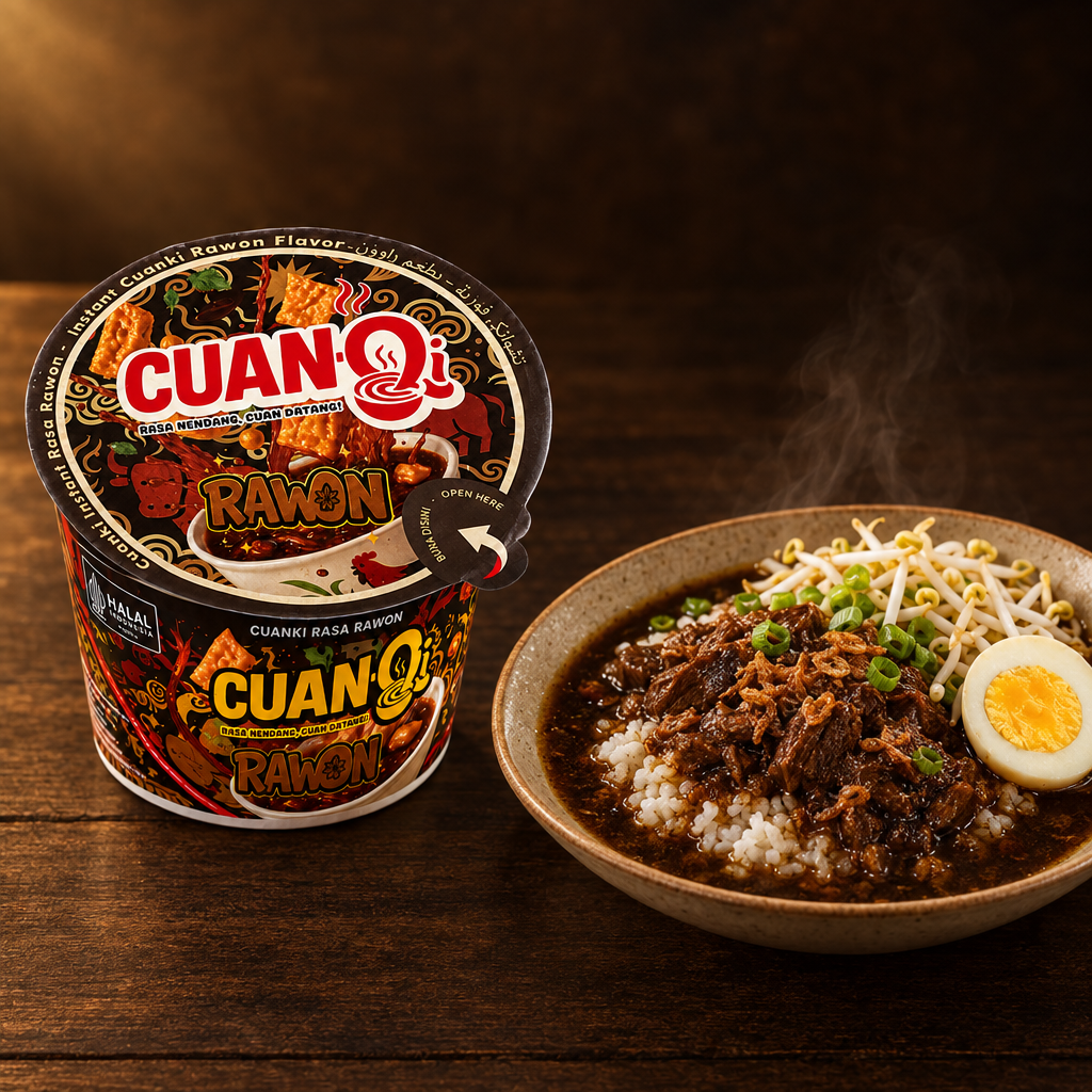 CuanQ Cuanki Instant Rasa Rawon 100 g – Packung mit Rawon und Reis