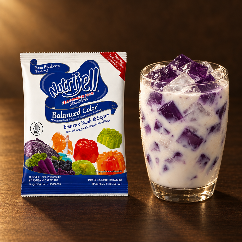Nutrijell Balanced Color Blueberry 15 g – Packung mit Gelee-Würfeln im Milchdrink