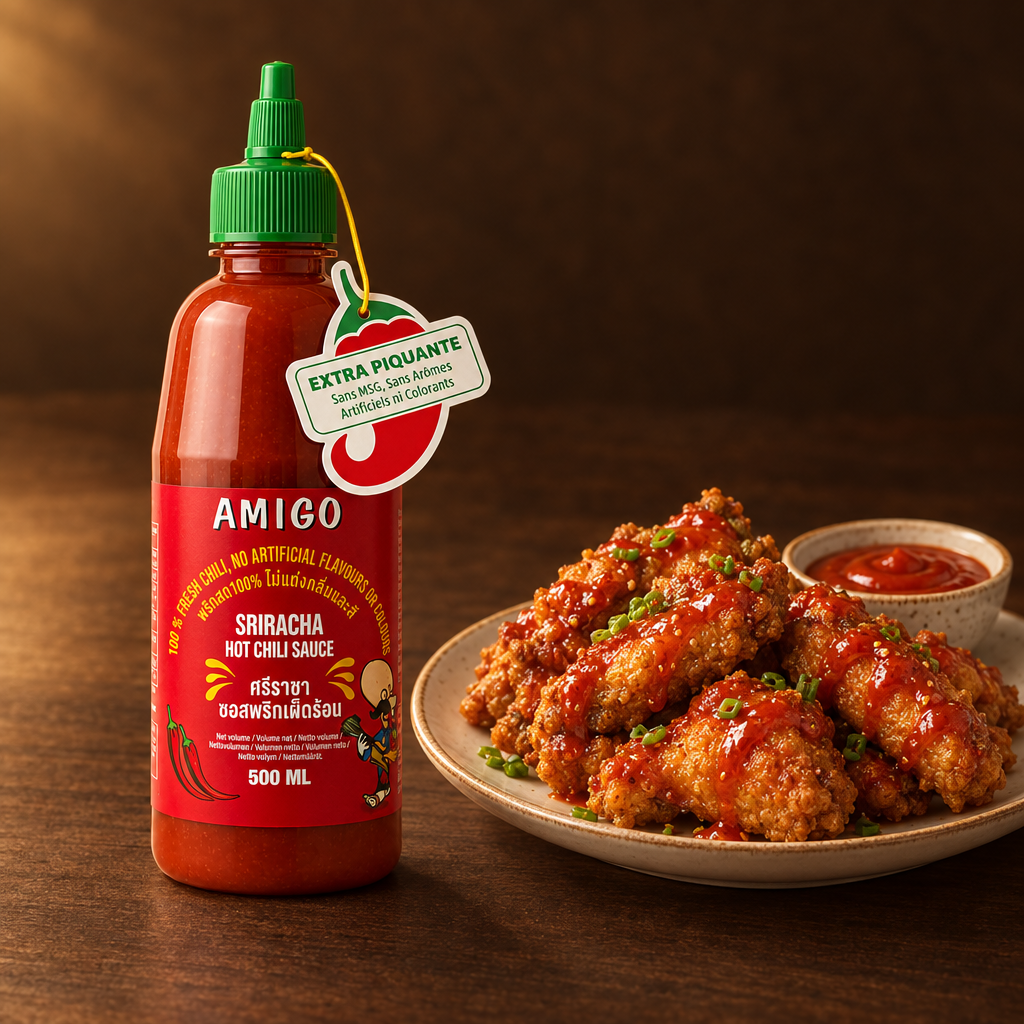 Amigo Sriracha Saus Cabe Pedas 500 ml – Flasche mit knusprigen Chicken Wings
