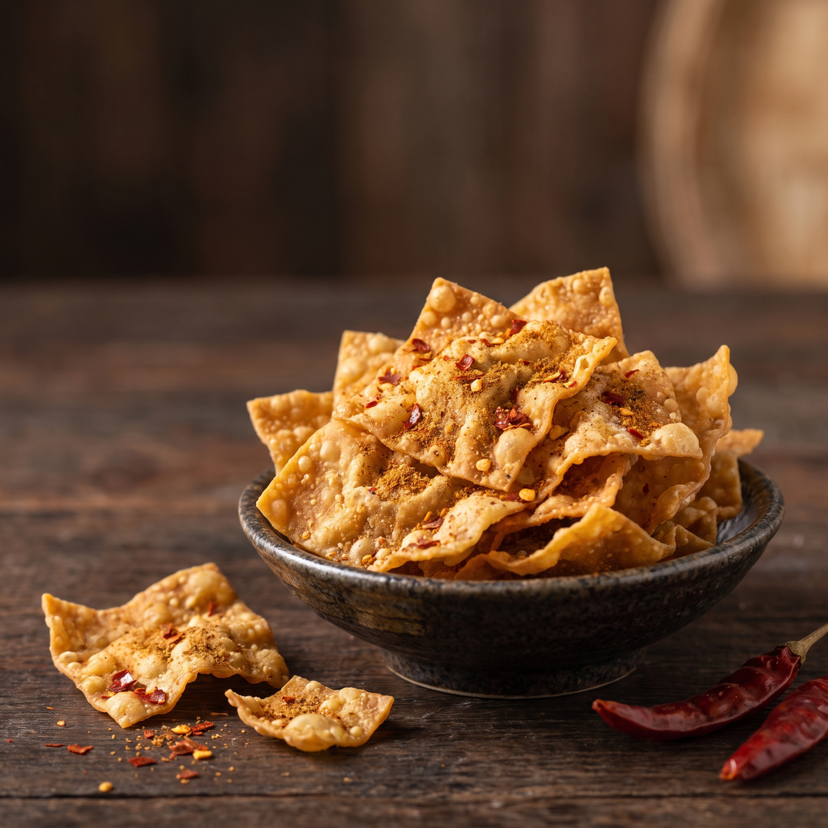 Serviervorschlag: Knusprige Kulit-Pangsit-Chips mit Chili