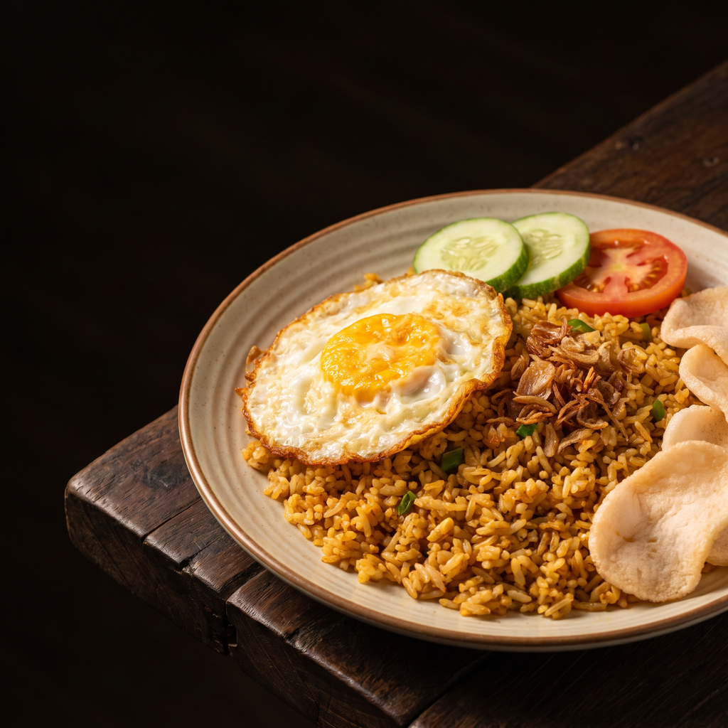Serviervorschlag: Nasi Goreng Kampung mit Spiegelei, Gurke und Kerupuk