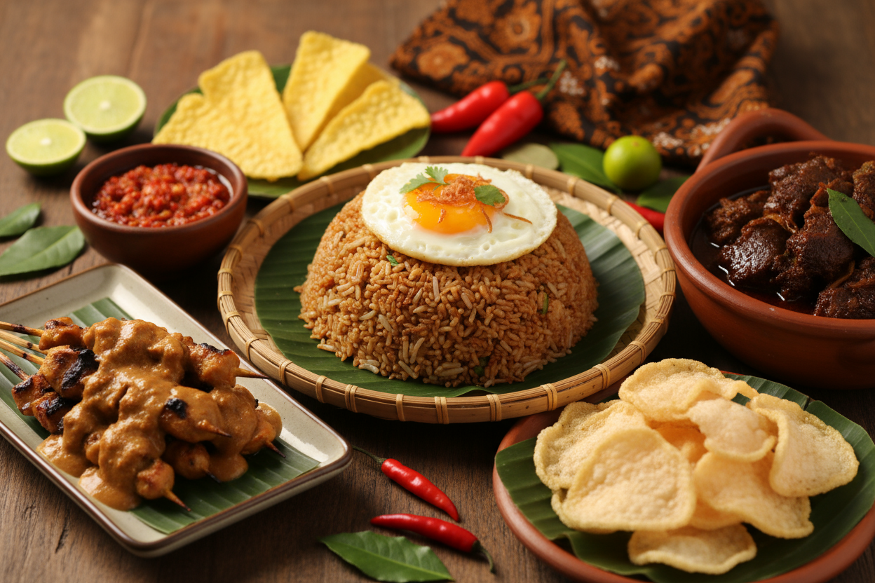 Nasi Goreng mit Spiegelei, Sambal und Satay