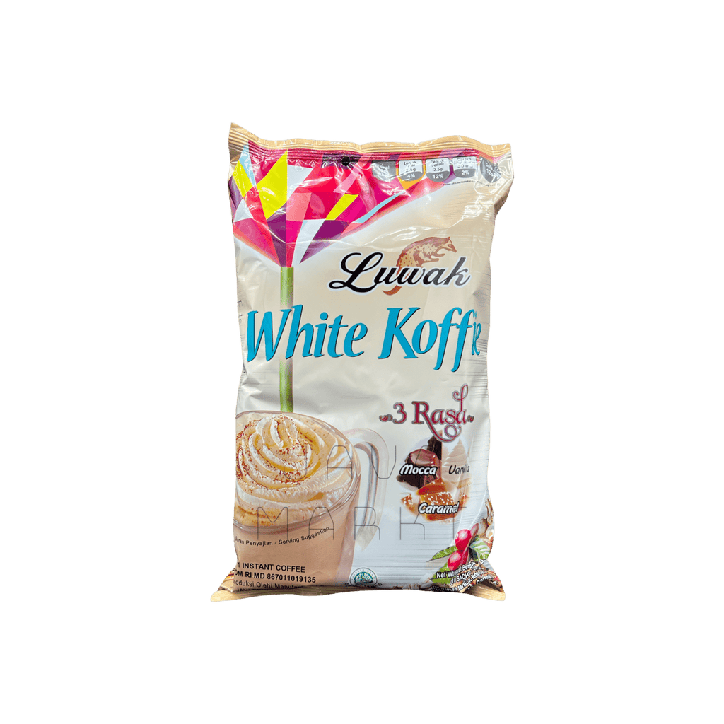 Luwak White Koffie mit 3 Geschmacksrichtungen von Nesia Food, cremiger Kaffee in Packung mit verschiedenen Aromen, Nahaufnahme